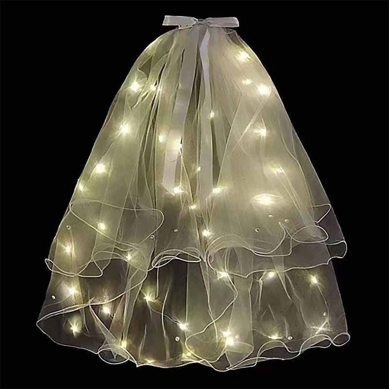 JONKY 2 Tier Led Bride Wedding Veil White Light up Pencil Edge Bridal Veils with Hair Clip Glowing Party Club Statement Headpieces for Women(Warm) - Image 1